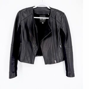 Veda Lamb Leather Jacket Womens Moto Fitted Black Collarless Zip Front Medium